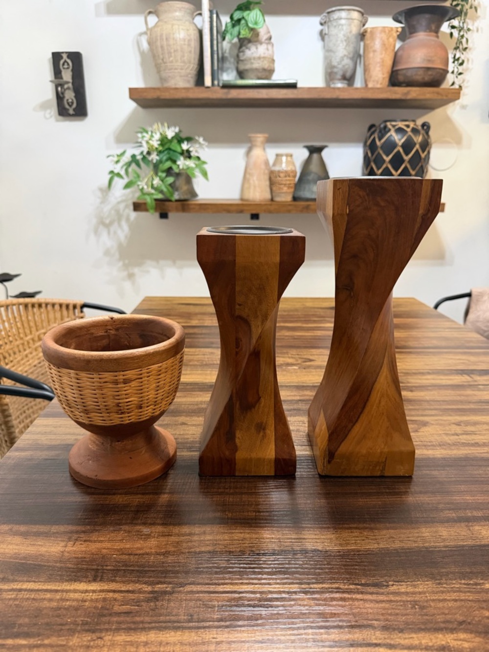 Wooden Decorative Candle Holders and Vase Trio - Warm Brown